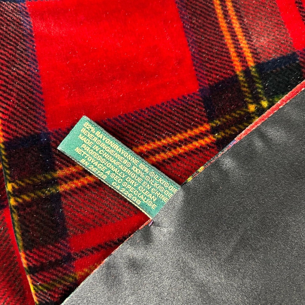 Lauren Ralph Lauren Red Tartan Plaid Velvet Silk Blend Fringe Scarf Wrap - Picture 3 of 7
